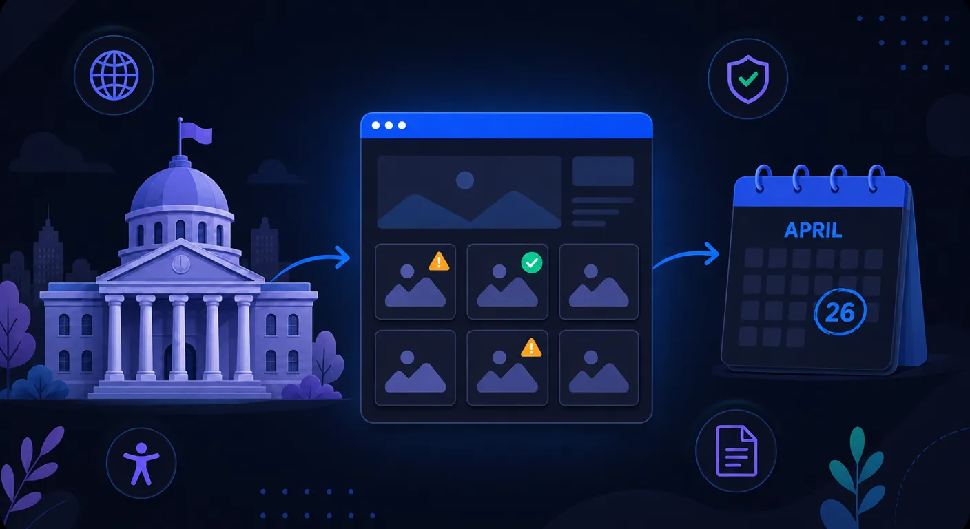 Flat illustration of a city hall connected by arrows to a government website mockup whose image cards are flagged with amber warning icons and one green check, and then on to a wall calendar showing April 26, the ADA Title II compliance deadline.