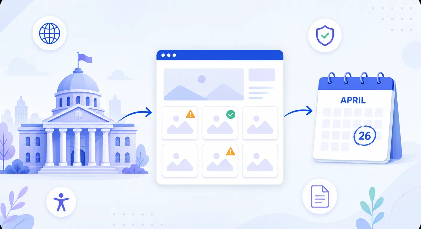 Flat illustration of a city hall connected by arrows to a government website mockup whose image cards are flagged with amber warning icons and one green check, and then on to a wall calendar showing April 26, the ADA Title II compliance deadline.