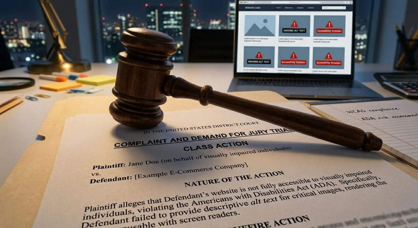 A wooden gavel rests on a legal complaint form titled Complaint and Demand for Jury Trial, with a laptop in the background displaying accessibility warnings, underscoring an accessibility lawsuit.