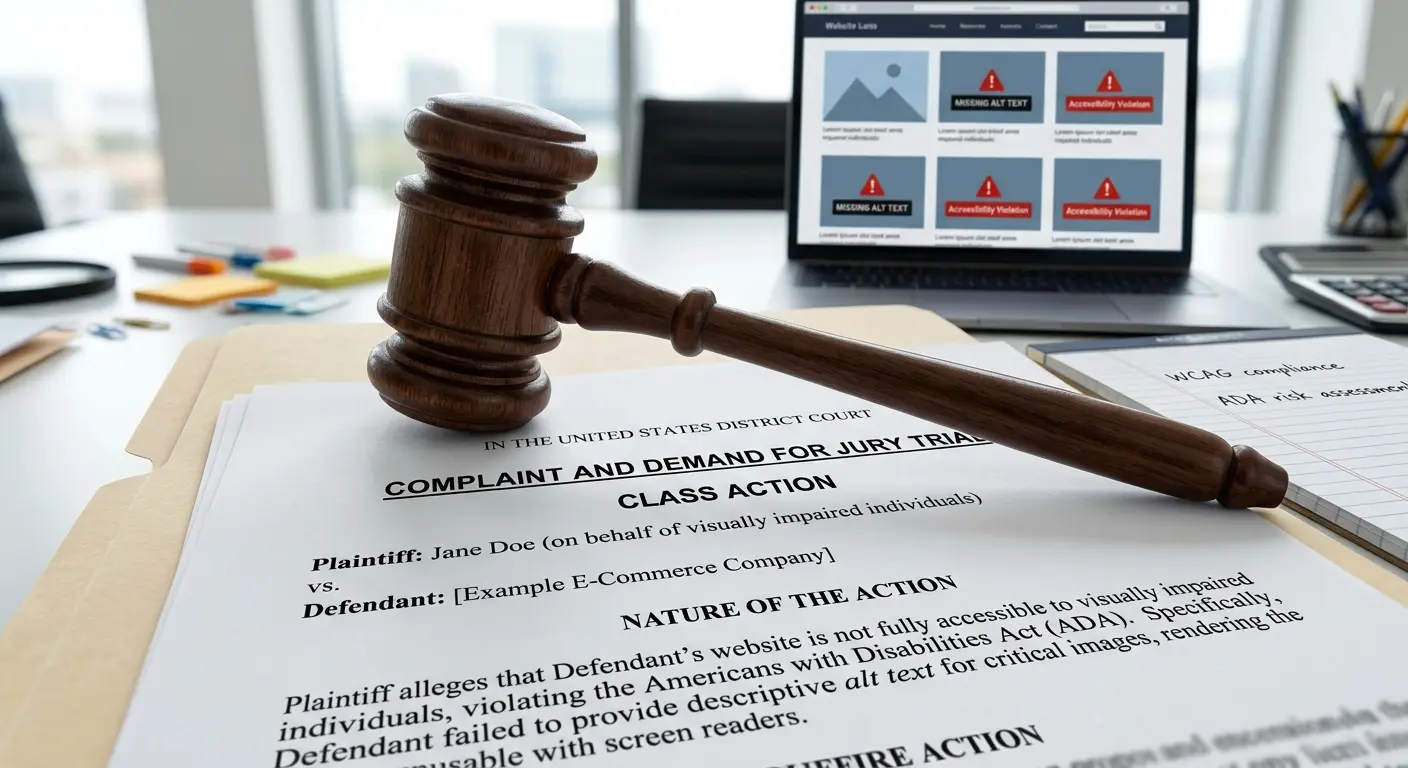 A wooden gavel rests on a legal complaint form titled Complaint and Demand for Jury Trial, with a laptop in the background displaying accessibility warnings, underscoring an accessibility lawsuit.