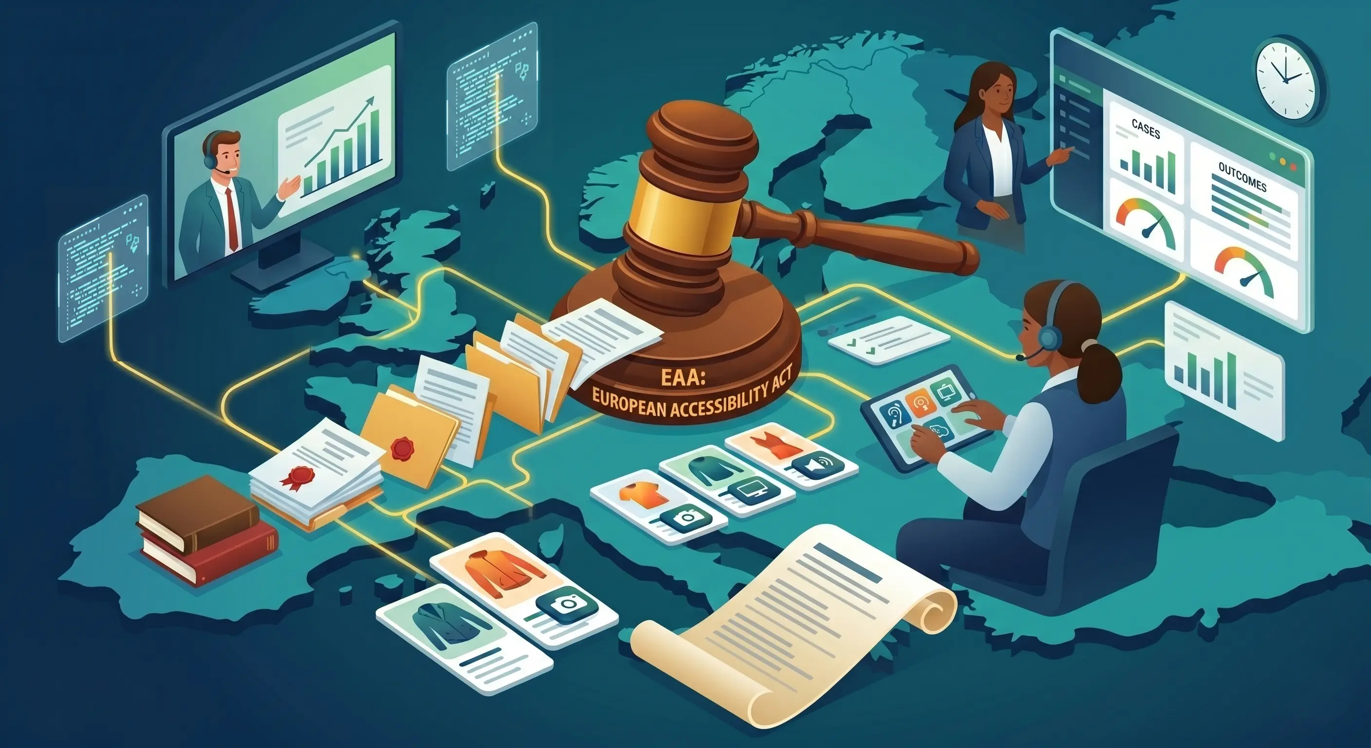 Stylized illustration of the European Accessibility Act (EAA), showing a judge’s gavel labeled “EAA: European Accessibility Act” over a map of Europe, surrounded by ecommerce product cards, compliance documents, analytics dashboards, and customer support staff, symbolizing accessibility compliance and legal enforcement for digital businesses.