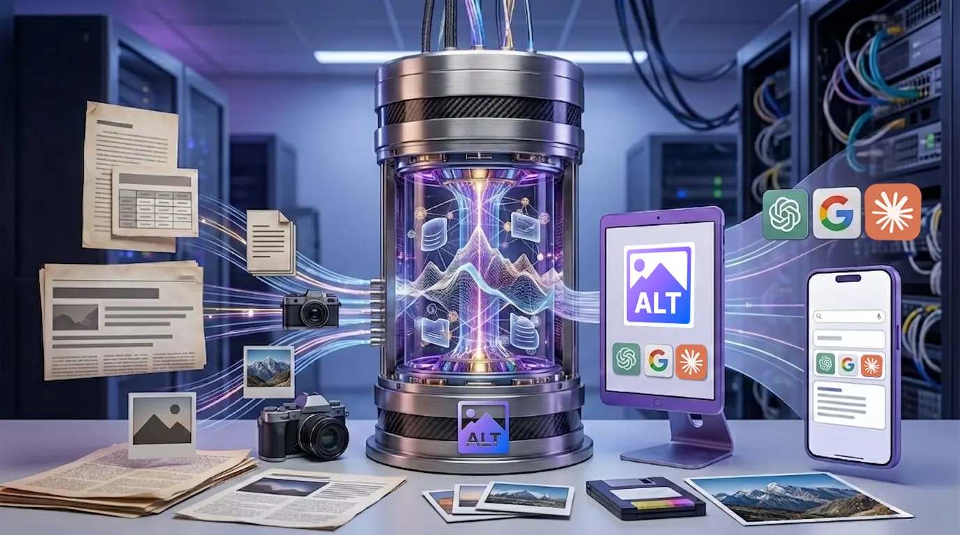 Digital illustration showing website content, images, and documents being transformed by AI into alt text and structured outputs across devices, representing generative engine optimization and AI content discovery