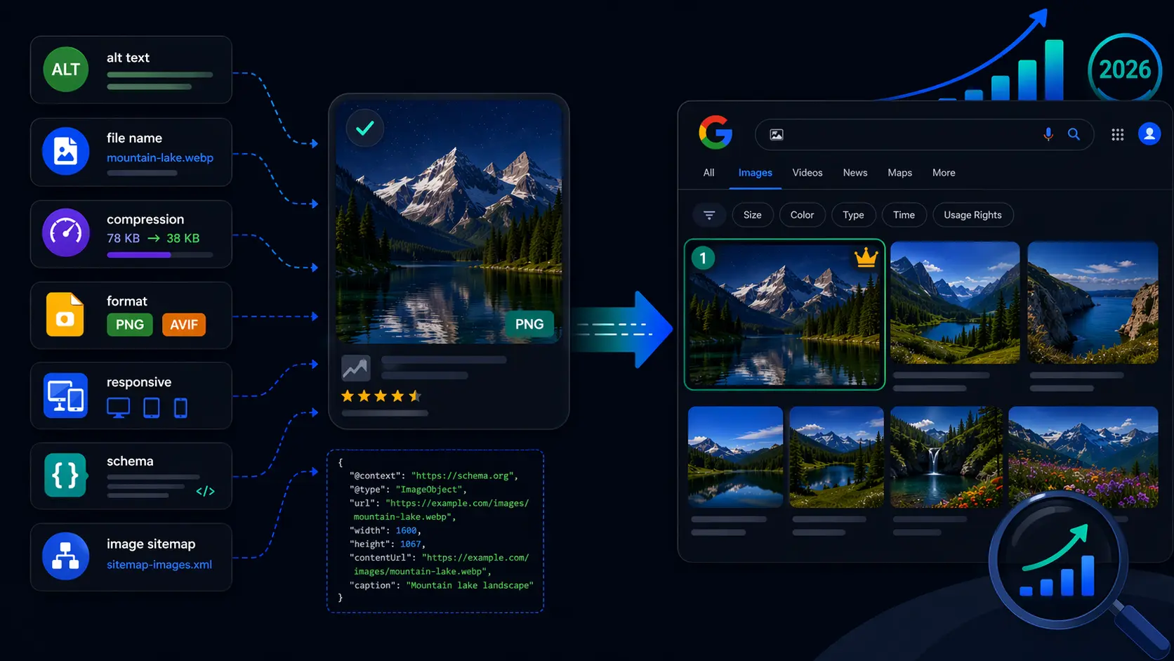 Illustration showing an image SEO workflow: alt text, file name, compression, format, responsive design, schema, and image sitemap settings feeding into an optimized landscape image that appears prominently in Google Images search results, with a magnifying glass and upward-trending chart indicating improved rankings in 2026.