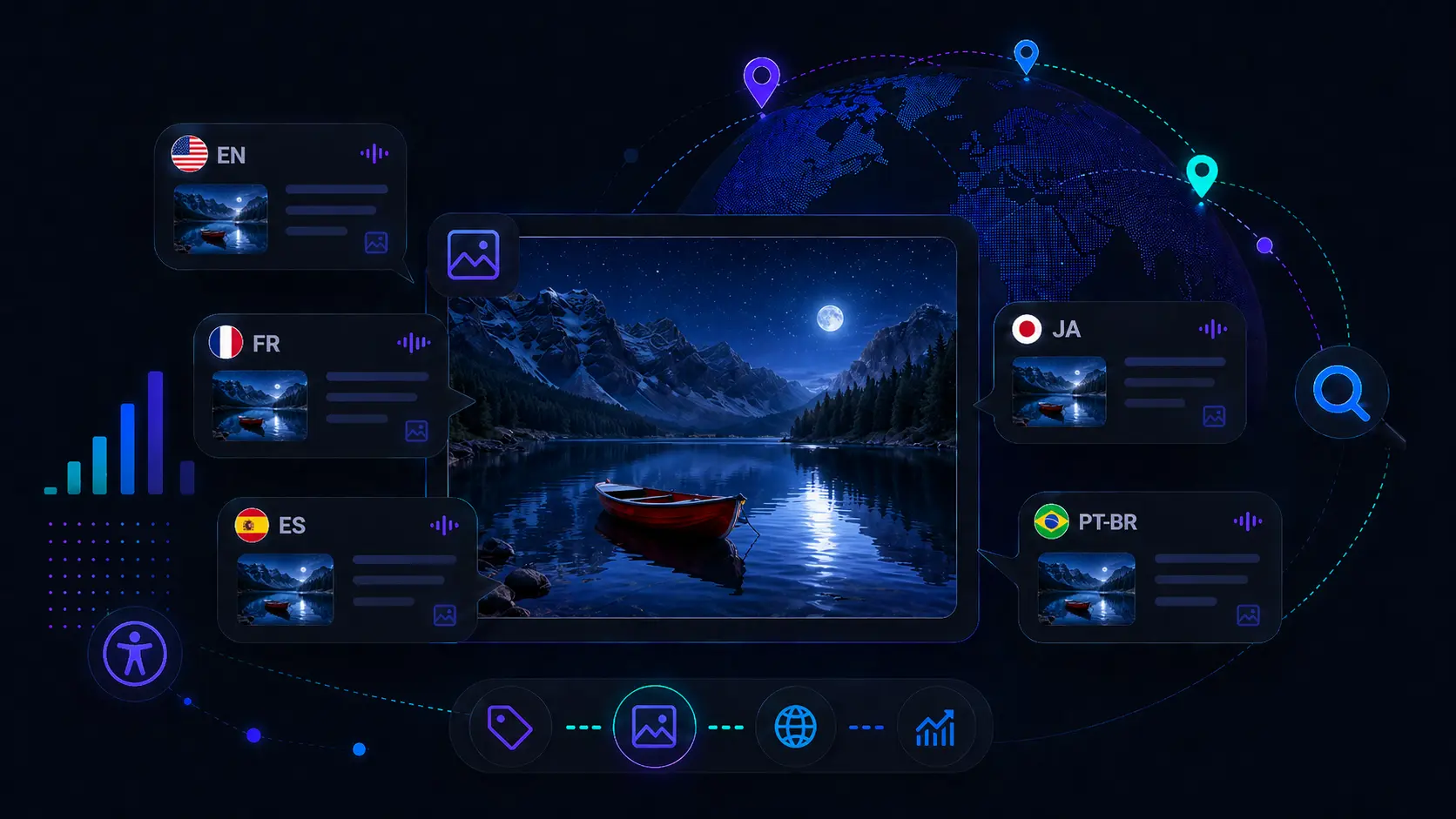 Illustration of a multilingual image SEO interface with a moonlit mountain lake photo surrounded by localized alt text cards for English, French, Spanish, Japanese, and Brazilian Portuguese, and glowing global SEO and accessibility icons, set against a dark global connectivity background.