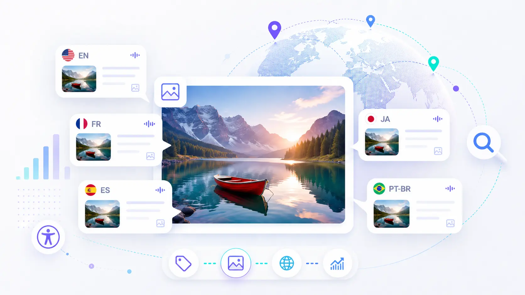 Illustration of a multilingual image SEO interface with a mountain lake photo surrounded by localized alt text cards for English, French, Spanish, Japanese, and Brazilian Portuguese, set against a light global connectivity background.