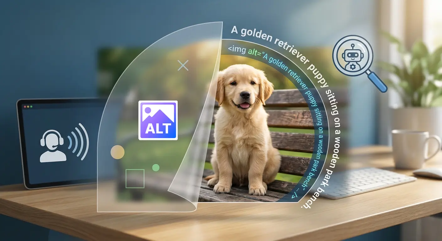Digital graphic showing how alt text works: a photo of a golden retriever puppy on a park bench with the HTML alt attribute reading 'A golden retriever puppy sitting on a wooden park bench,' a screen reader icon on the left, and a search engine bot icon on the right