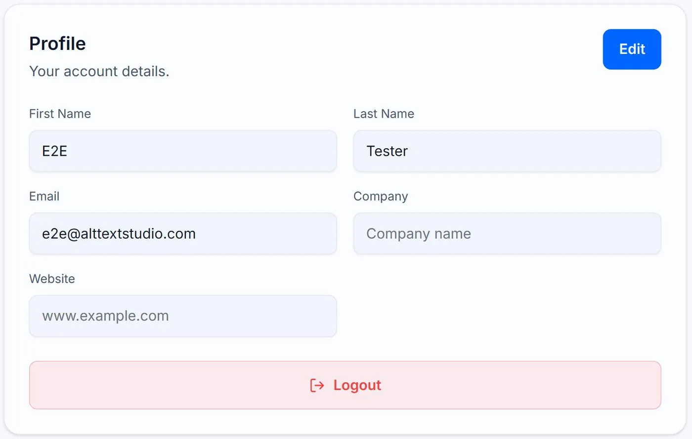 The Profile card on the Alt Text Studio My Account page, showing First Name, Last Name, Email, Company and Website fields with the Edit button outlined in red