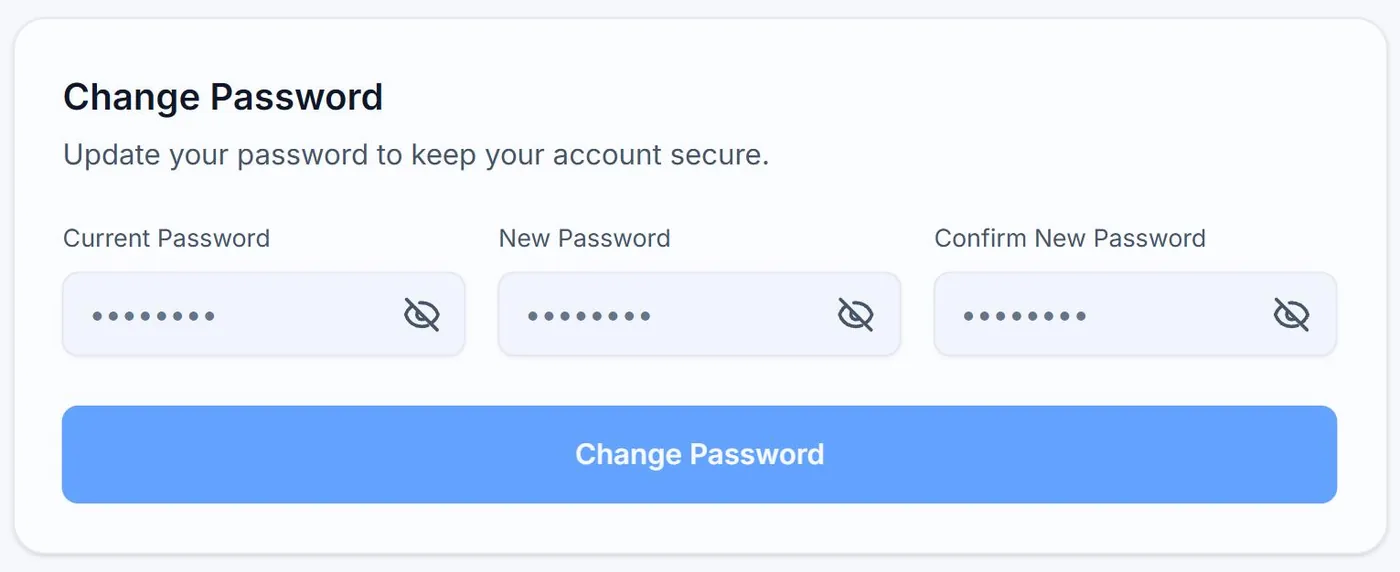 The Change Password card on Alt Text Studio's My Account page, with the Current Password, New Password and Confirm New Password fields each outlined in red above the Change Password button