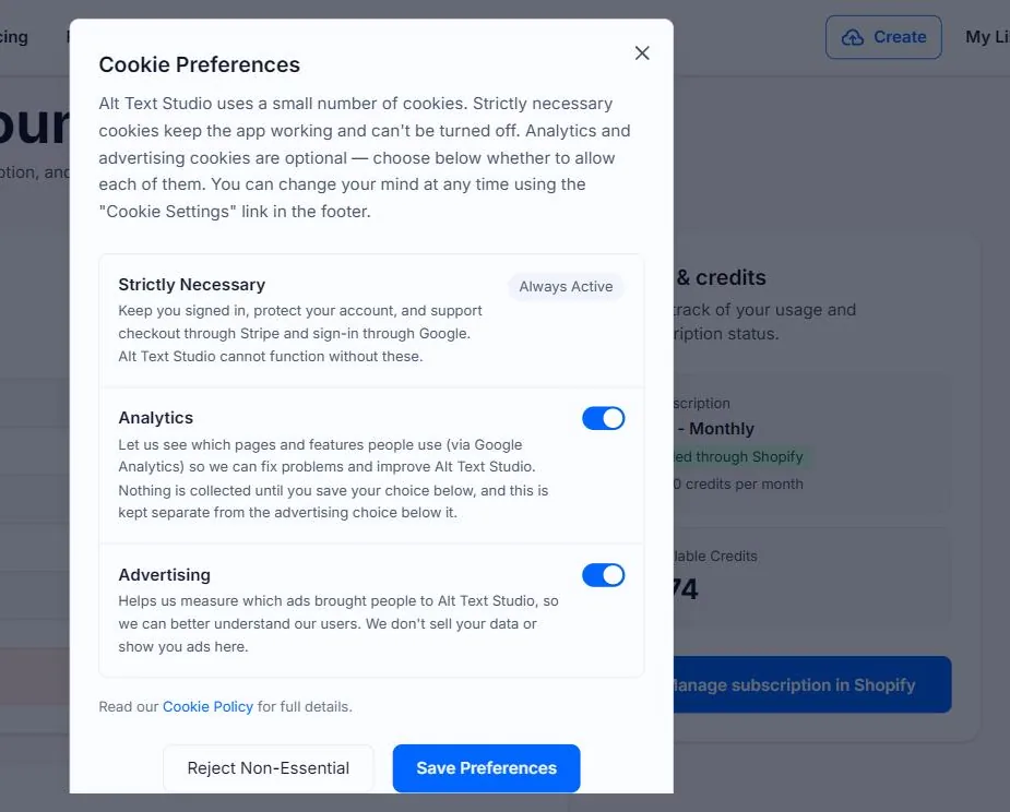 The Cookie Preferences dialog in Alt Text Studio, outlined in red, with Strictly Necessary marked Always Active and separate toggles for Analytics and Advertising, above Reject Non-Essential and Save Preferences buttons