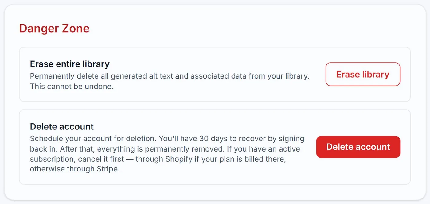 The Danger Zone card on Alt Text Studio's My Account page, with the Erase library and Delete account buttons each outlined in red