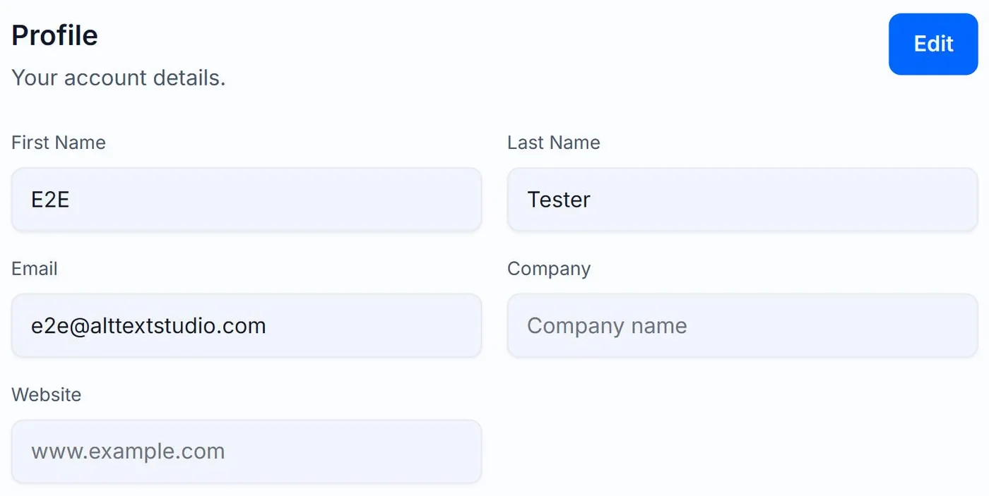 The Edit button in the corner of the Profile card on Alt Text Studio's My Account page, outlined in red with a click indicator on it, beside the First Name, Last Name, Email, Company and Website fields