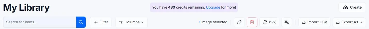 The credits remaining pill beside the My Library heading in Alt Text Studio, outlined in red and showing the balance with an Upgrade link