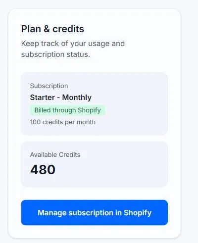 The Plan and credits card on Alt Text Studio's My Account page, showing the subscription name, a Billed through Shopify tag, the monthly credit allowance, and an Available Credits figure below it