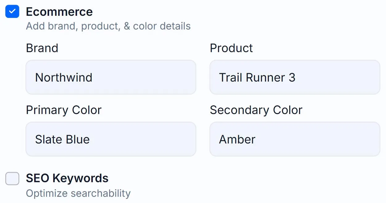The Ecommerce section of the Alt Text Studio Options panel outlined in red, with Brand, Product, Primary Color and Secondary Color filled in above the unticked SEO Keywords option
