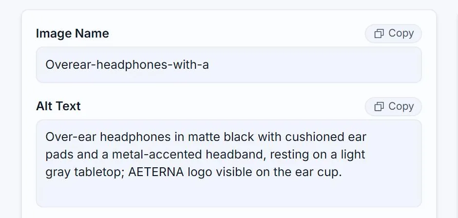The same Alt Text panel in Alt Text Studio after regenerating, with the replacement description outlined in red — the same image described differently, mentioning matte black and the logo on the ear cup