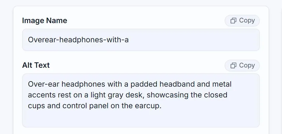 The Alt Text panel of an Alt Text Studio detail page before regenerating, showing the original generated description of a pair of over-ear headphones