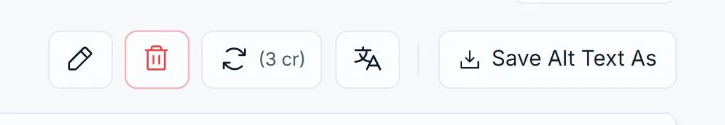 The regenerate button on an Alt Text Studio detail page, showing its 3 cr credit cost, outlined in red with a click indicator on it, beside the edit, delete and translate buttons