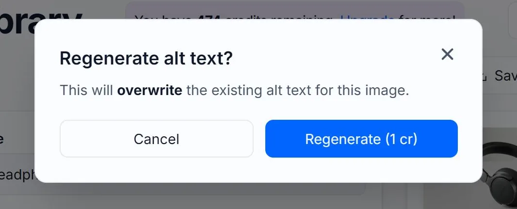 The Alt Text Studio confirmation dialog reading Regenerate alt text? This will overwrite the existing alt text for this image, with Cancel beside a Regenerate button outlined in red that shows its credit cost