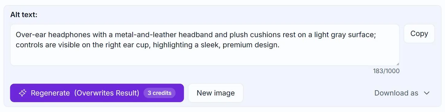 The alt text panel in Alt Text Studio before any edit, showing the generated text with Regenerate, New image and Download as, and no Save Changes link