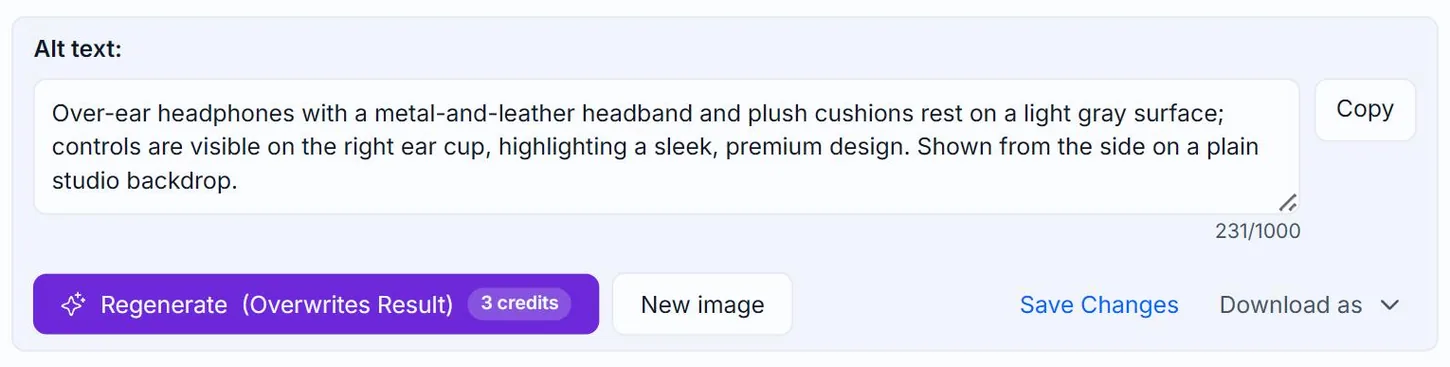 The alt text panel in Alt Text Studio after editing the generated text, with a blue Save Changes link outlined in red and a click indicator on it, beside Regenerate, New image and Download as