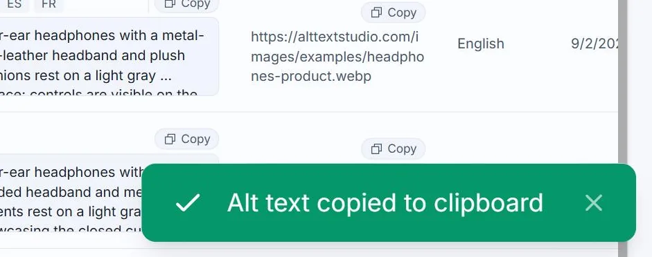 A green confirmation banner reading Alt text copied to clipboard with a white checkmark, outlined in red at the bottom right of Alt Text Studio's My Library, over the table rows