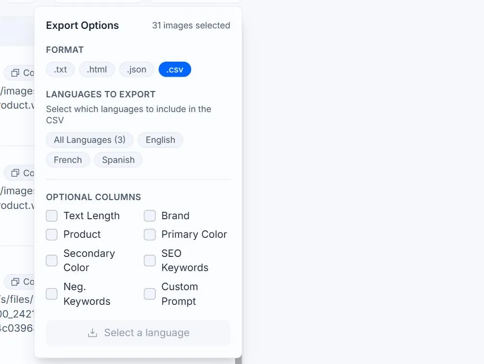 The Export Options panel in Alt Text Studio's My Library with .csv selected and outlined in red, and the Optional Columns checkboxes for text length, brand, product, colors, keywords and custom prompt also outlined in red