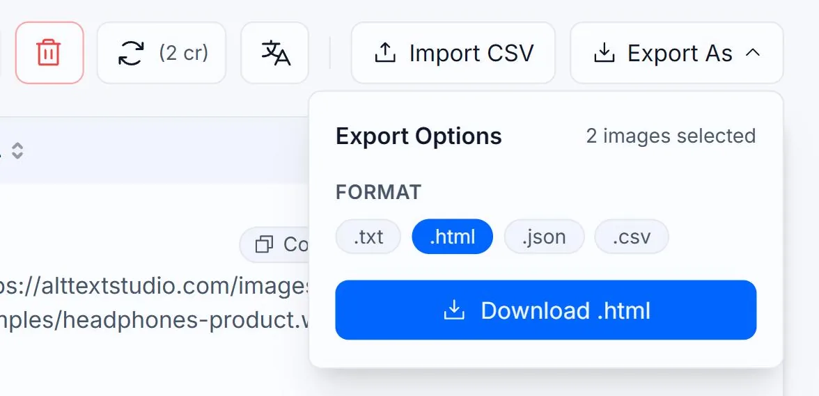 The Export Options panel in Alt Text Studio's My Library with .html selected and outlined in red, and a Download .html button below the format row