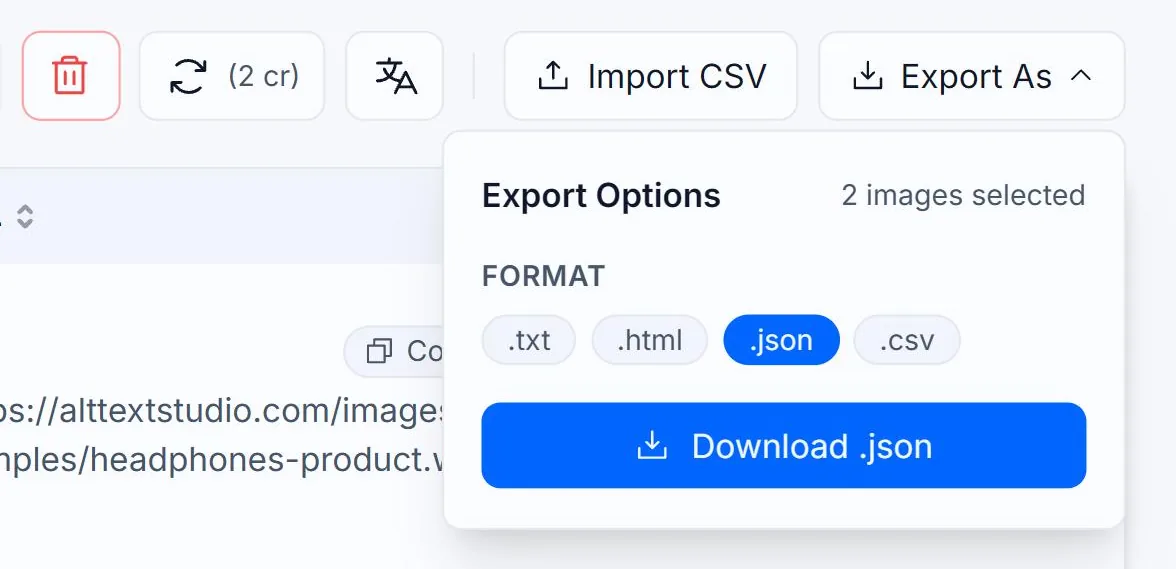 The Export Options panel in Alt Text Studio's My Library with .json selected and outlined in red, and a Download .json button below the format row