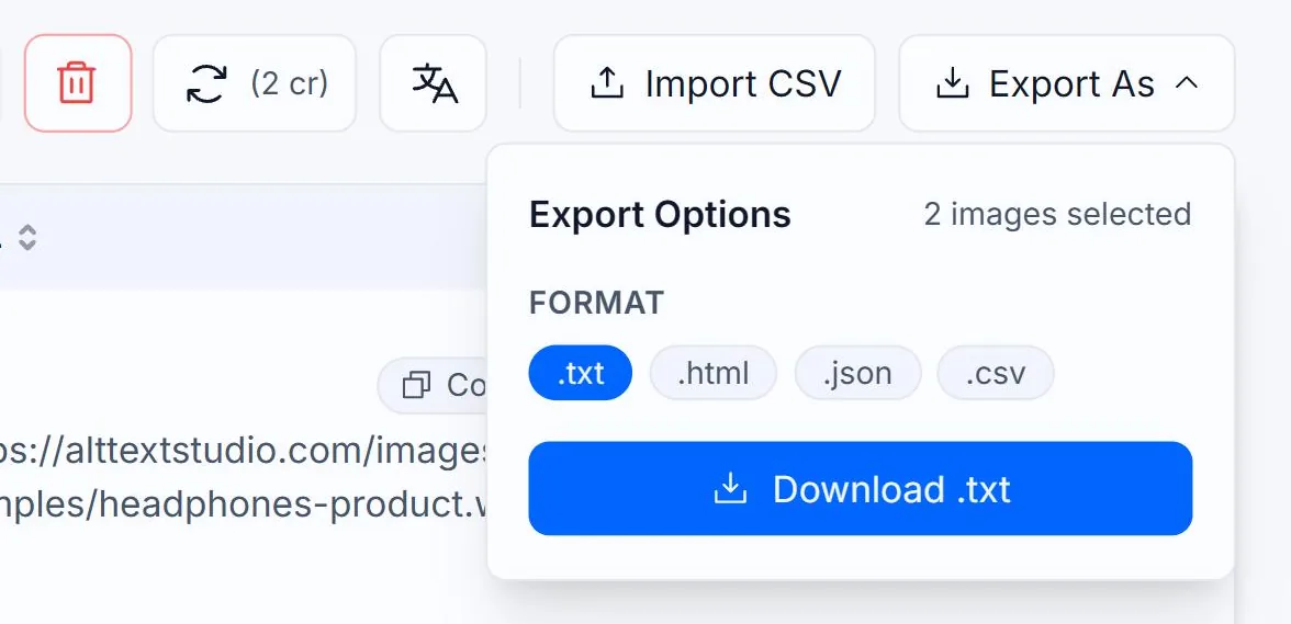 The Export Options panel in Alt Text Studio's My Library with .txt selected and outlined in red, and a Download .txt button below the format row