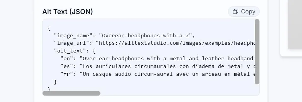 The Alt Text (JSON) block on an Alt Text Studio detail page, showing image_name, image_url and an alt_text object with en, es and fr keys