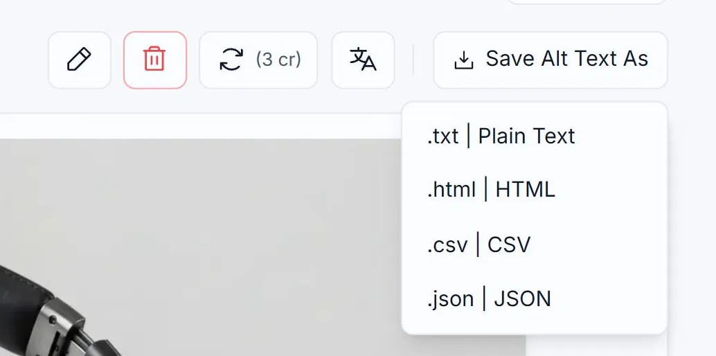 The .json JSON entry of the Save Alt Text As menu in Alt Text Studio, outlined in red with a click indicator on it, at the bottom of the list below .txt, .html and .csv