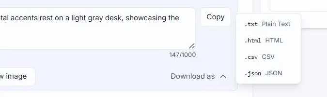 The Download as menu in Alt Text Studio with the .txt Plain Text option highlighted
