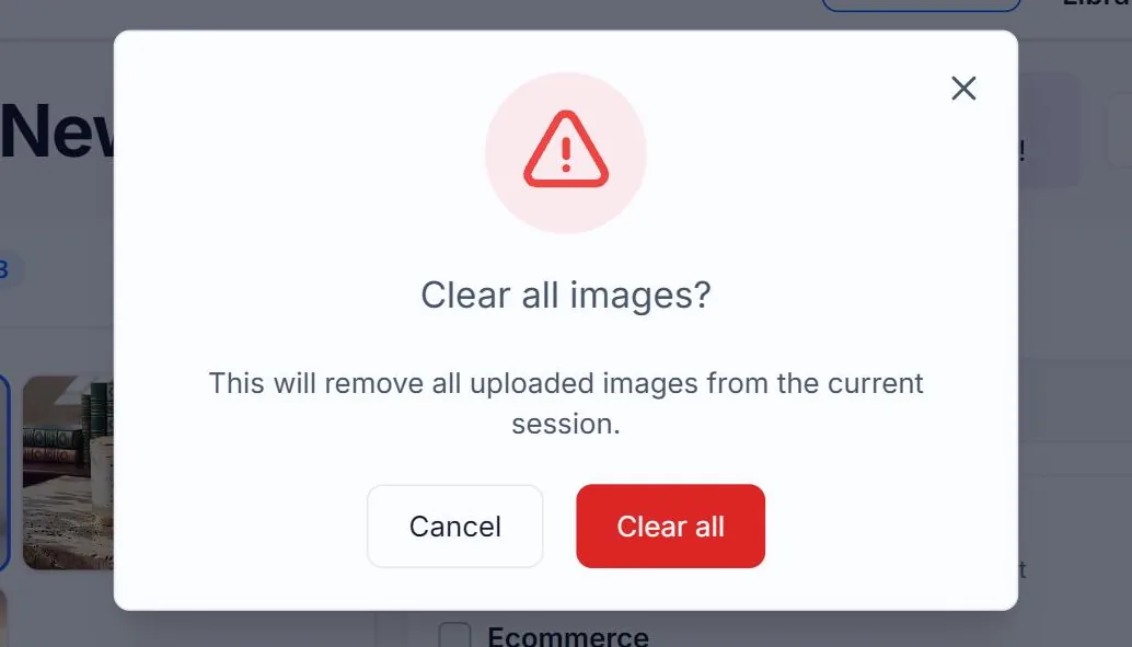 The Alt Text Studio confirmation dialog reading Clear all images? This will remove all uploaded images from the current session, with Cancel and a red Clear all button outlined in red, over the dimmed Create page