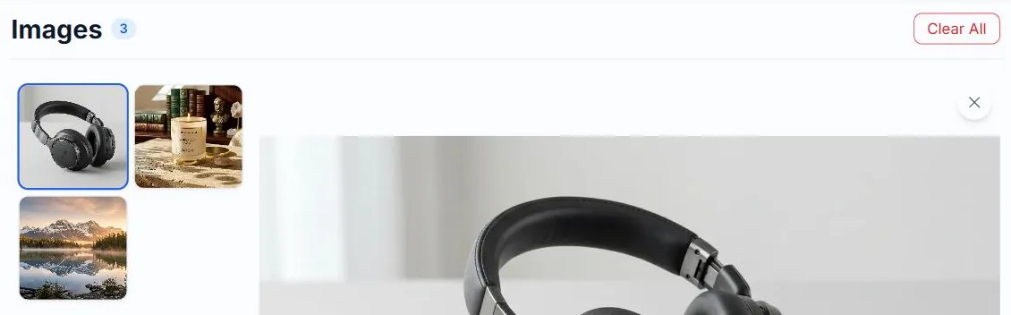 The header of the Images panel on the Alt Text Studio Create page, with the Clear All button in its top right corner outlined in red and a click indicator on it
