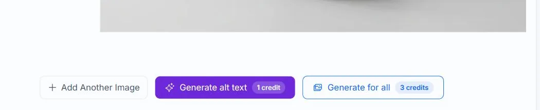 The button row below the image preview in Alt Text Studio, with Generate for all and its 3 credits cost outlined in red and a click indicator on it, beside Generate alt text for the current image