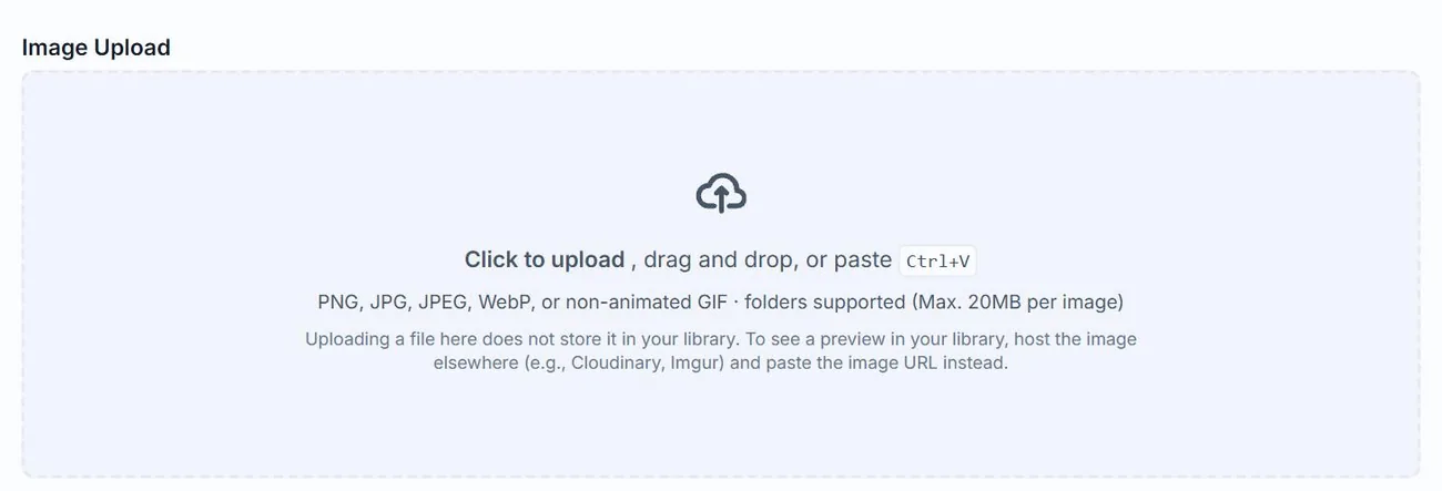 The Image Upload drop zone on the Alt Text Studio Create page, listing PNG, JPG, JPEG, WebP and non-animated GIF as supported formats with a 20MB per image limit