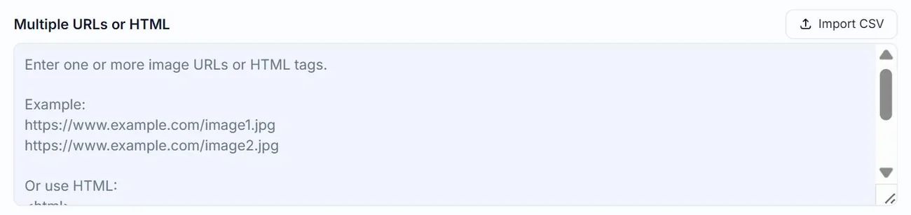 The Import CSV button beside the Multiple URLs or HTML label on the Alt Text Studio Create page, outlined in red with a click indicator on it