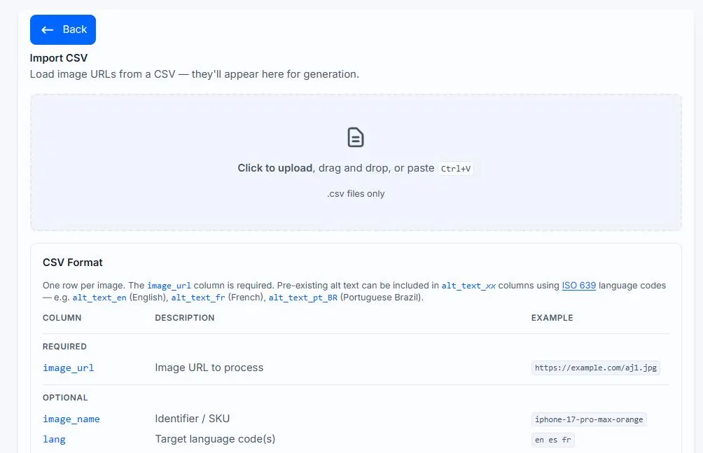The Import CSV panel on the Alt Text Studio Create page, with a .csv drop zone and a CSV Format reference table below it