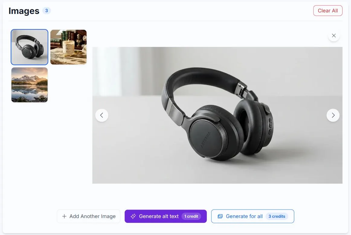 The Alt Text Studio Create page with three images queued: a thumbnail strip on the left, a large preview with prev and next arrows, and Add Another Image, Generate alt text and Generate for all buttons below