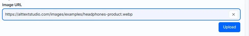 The Image URL field on the Alt Text Studio Create page with a direct image URL pasted in, and the Upload button that appears below it