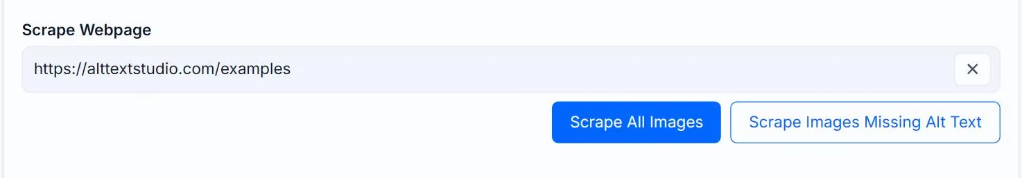 The Scrape Webpage field on the Alt Text Studio Create page with a page URL entered, and the two scrape buttons below it outlined in red: Scrape All Images and Scrape Images Missing Alt Text