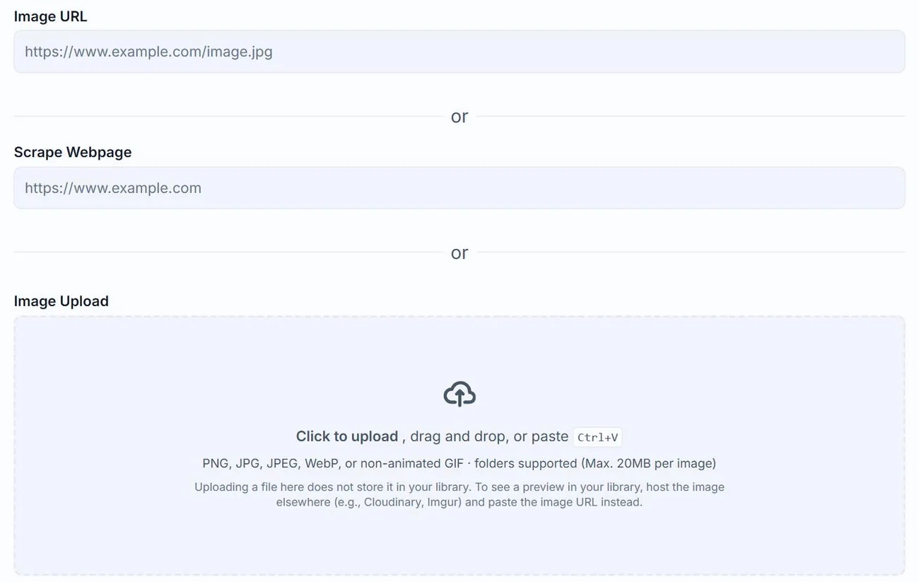 The Scrape Webpage field in the Alt Text Studio Input panel, outlined in red, sitting between the Image URL field above and the Image Upload zone below