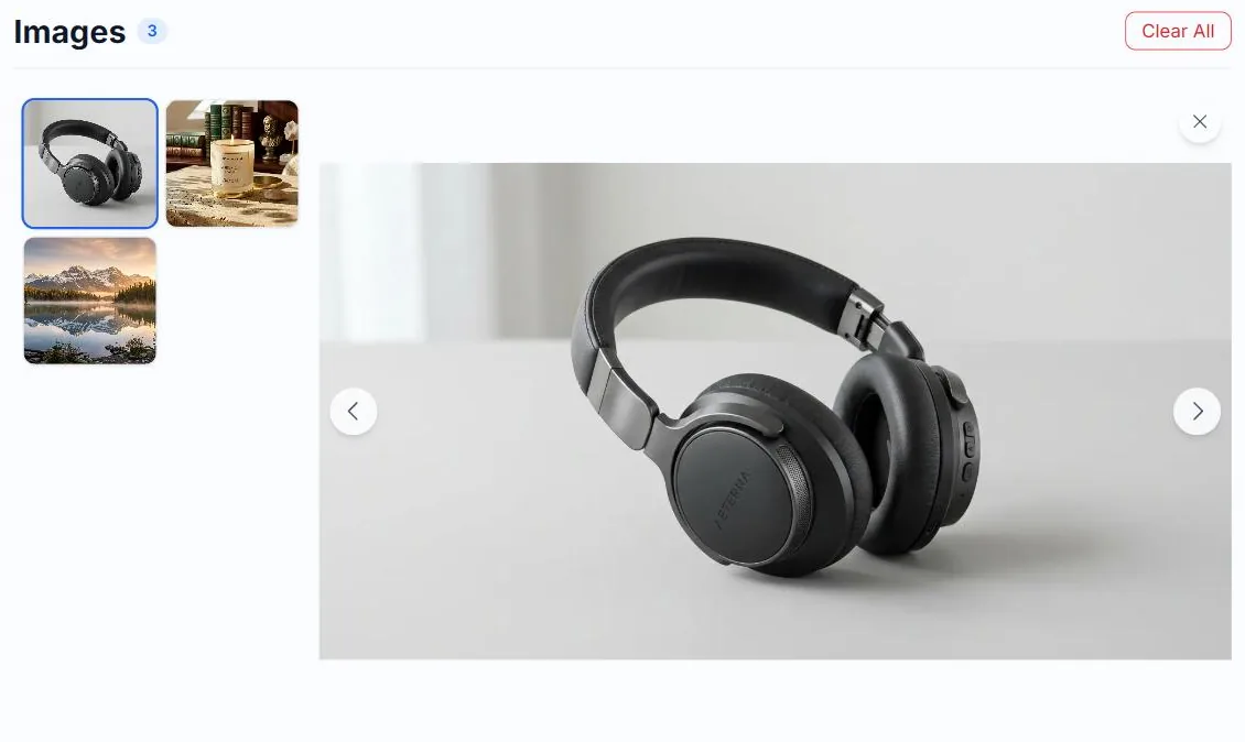 The Images panel on the Alt Text Studio Create page with three queued images, the first thumbnail selected and its photo filling the large preview