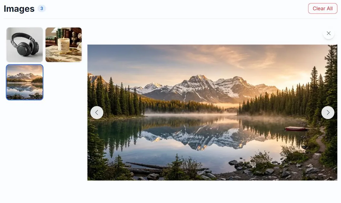 The Alt Text Studio Images panel after clicking the third thumbnail, which is outlined in red with a click indicator on it, and the large preview now showing that third image