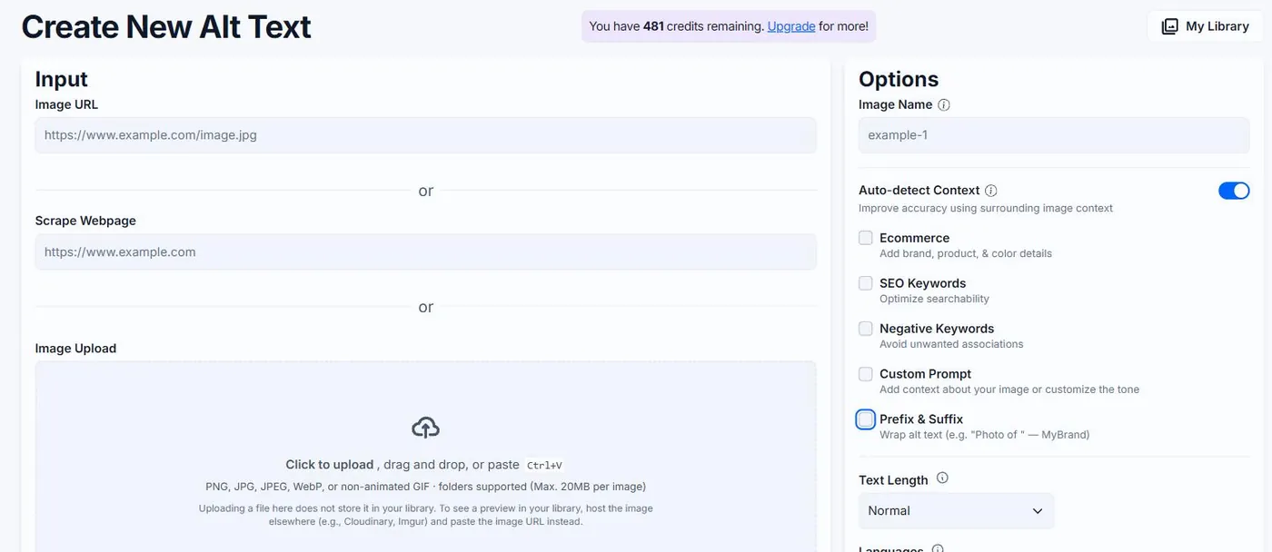 The Alt Text Studio Create page, with the Input panel on the left offering Image URL, Scrape Webpage and Image Upload, and the Options panel on the right