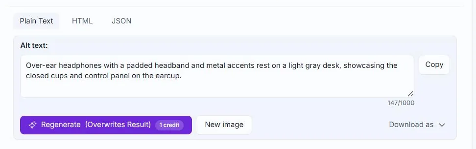 The generated result panel on the Alt Text Studio Create page: Plain Text, HTML and JSON tabs, the editable alt text box with a Copy button, and Regenerate, New image and Download as controls