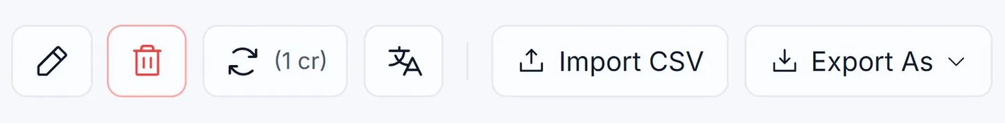 The bulk action buttons in the My Library toolbar in Alt Text Studio with one image selected: edit, a trash icon outlined in red with a click indicator on it, regenerate showing a one credit cost, translate, Import CSV and Export As
