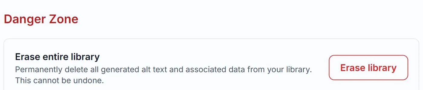 The Erase entire library row in the Danger Zone on Alt Text Studio's My Account page, warning that the deletion cannot be undone, with the Erase library button outlined in red and a click indicator on it
