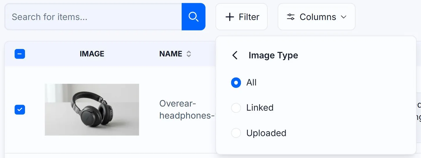 The Image Type submenu of the Filter menu in Alt Text Studio's My Library, outlined in red, offering All, Linked and Uploaded with All currently selected