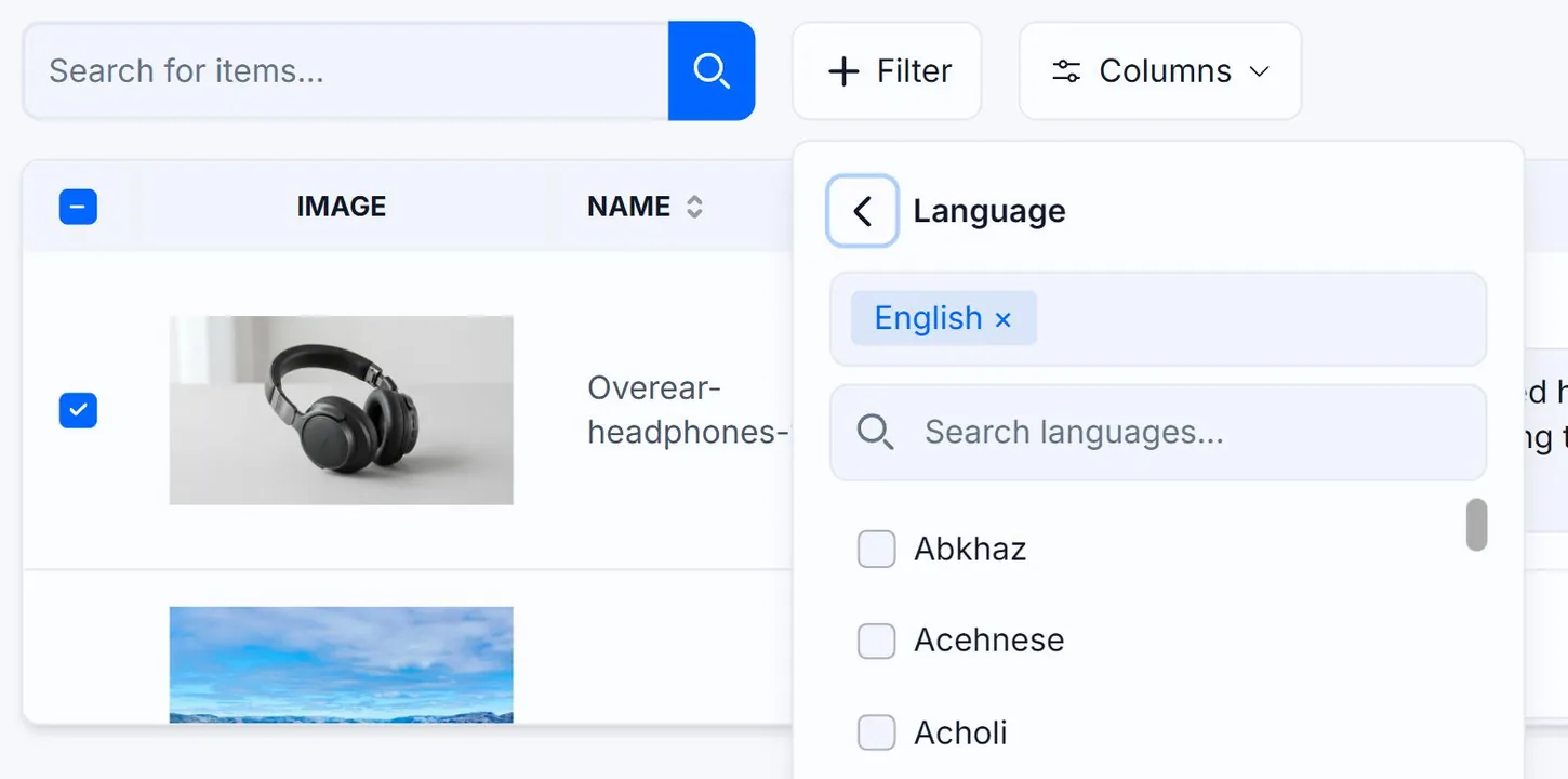 The Language submenu of the Filter menu in Alt Text Studio's My Library, showing English already selected as a removable tag above a Search languages box and a scrolling checkbox list